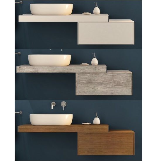 60, 90 or 120 cm shelf for countertop washbasin, available in 3 colours, also with drawers