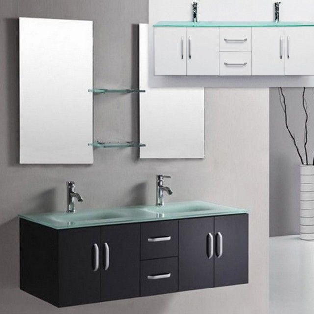 Mueble de baño 150 blanco o negro con doble lavabo en cristal verde