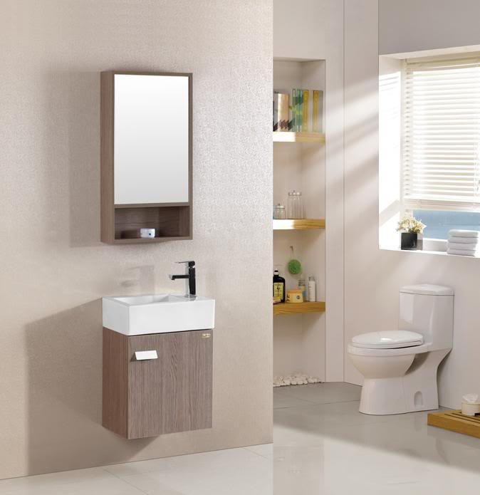 Bathroom cabinet, cm 46, light oak, with washbasin,  mirror and mixer faucet, minimal2 model