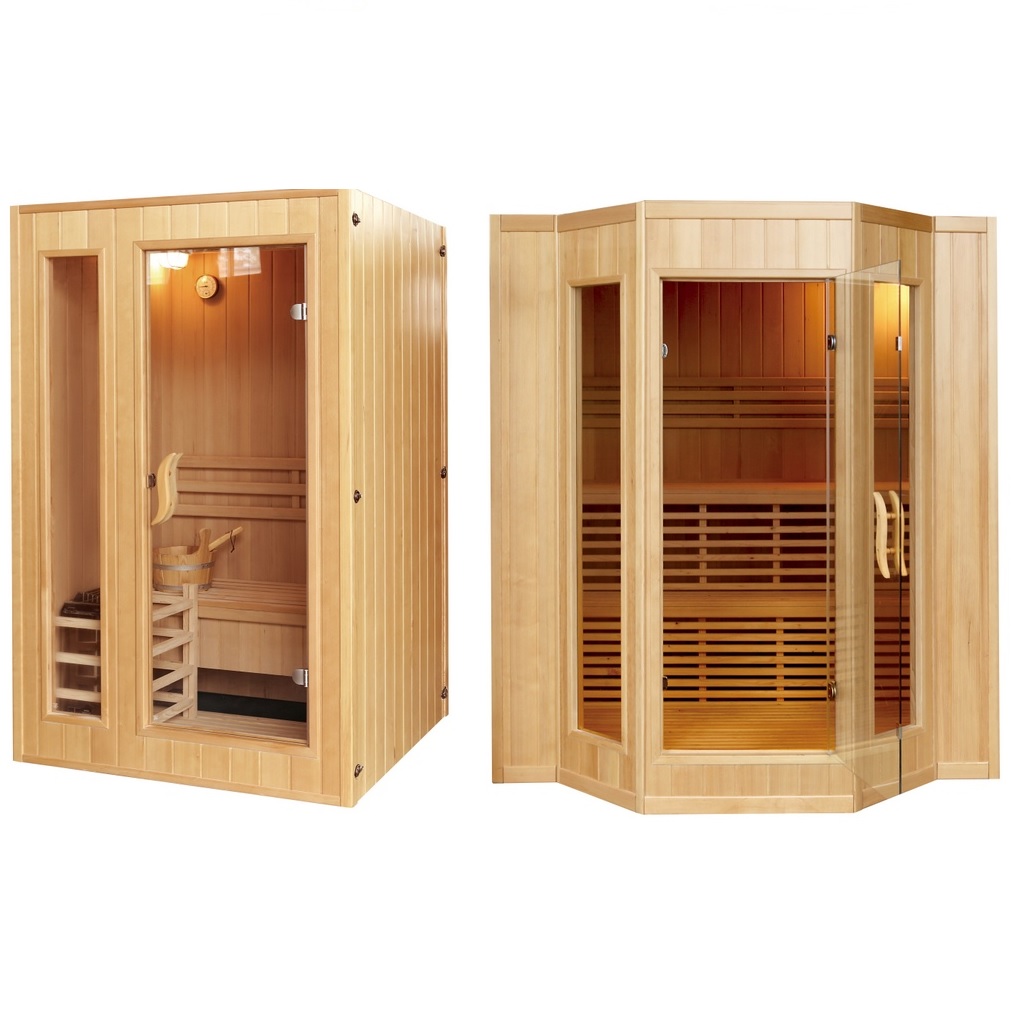 Three person Finnish sauna made of Hemlock wood, 153x110 200x175, with Sawo stove and thermometer - SN007