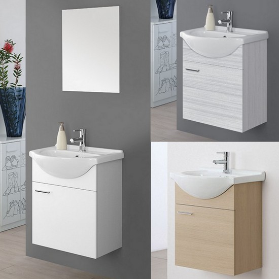 Wall-hung bathroom cabinet, 56 cm, glossy white grey or light oak, with mirror, Icaro model
