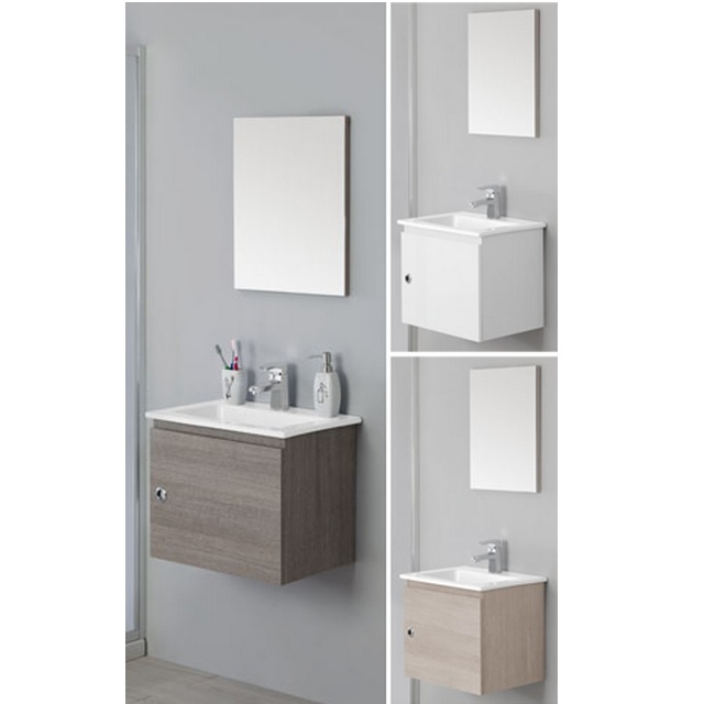 Wall-hung bathroom vanity, modern design, 50 cm, with a door and ceramic washbasin, Silver model