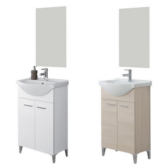 Bathroom cabinet, cm 56, two doors, floor mount, with feet, washbasin and mirror, white and light oak colours, Rovereto model