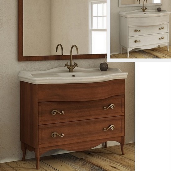 114 cm Giove bathroom cabinet with two drawers in arte povera walnut or Pickled white ceramic washbasin