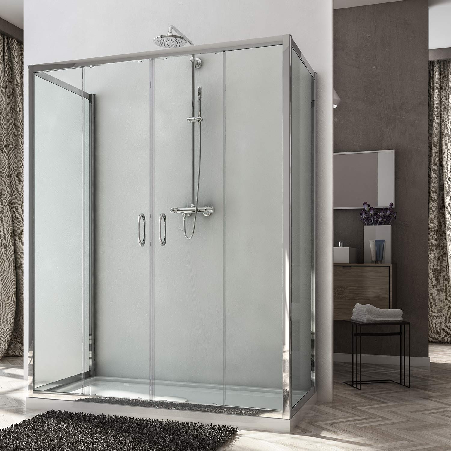 3 sided shower cabin, double sliding door, 185 or 198 cm height, transparent or opaque crystal 