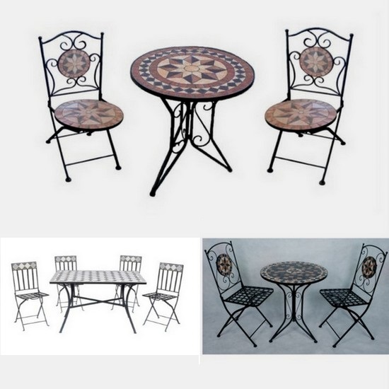 escucho música ajedrez Albardilla Muebles de exterior mesa Jody con mosaico 2 sillas plegables de hierro  forjado para jardín
